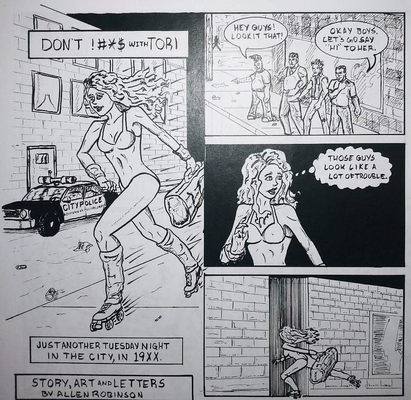 A woman named Tori roller skates down the street. A gang of four men await her around the corner.