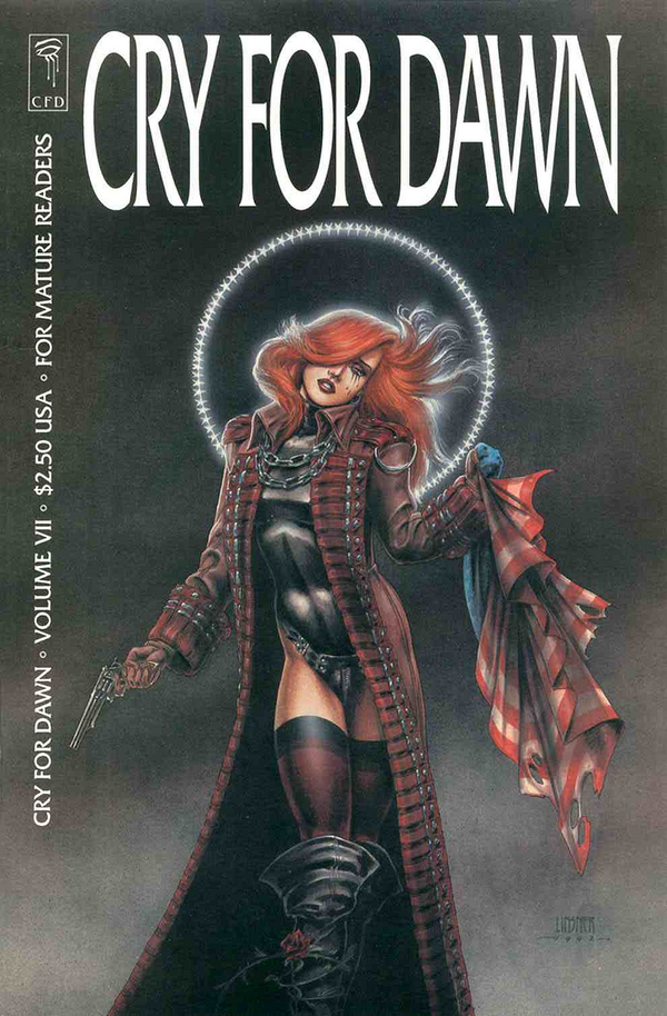 Dawn holding a gun in one hand an American flag in the other